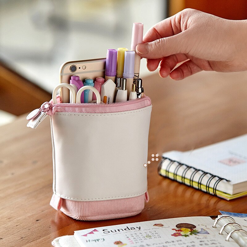 Pop-up Pencil Case Telescopic Holder Stationery Case PU Corduroy Stand-up Transformer Bag Large Capacity Gift for Kids Hot