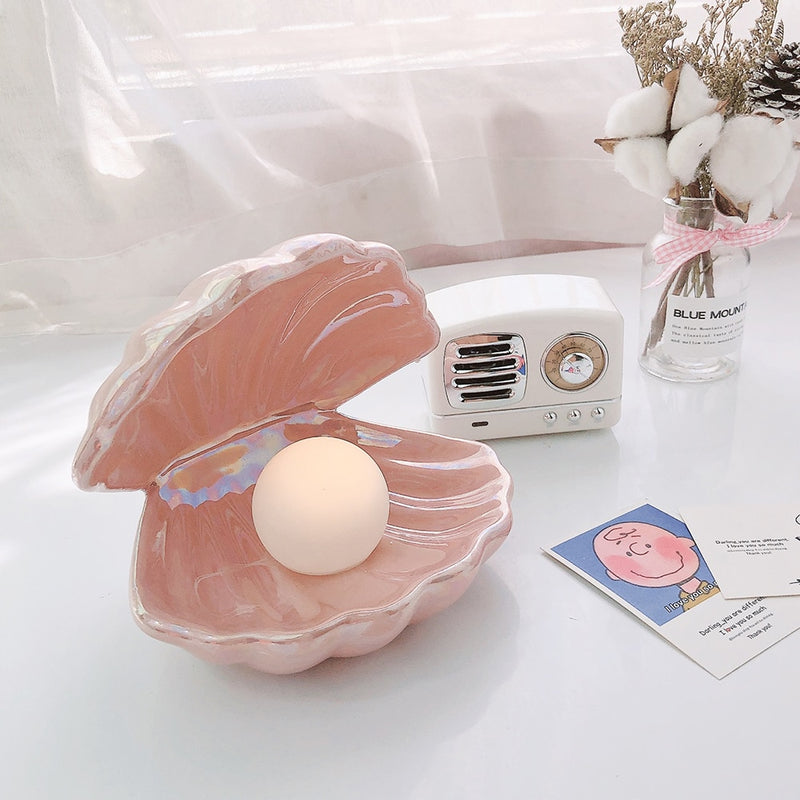 Ins Japanese Style Ceramic Shell Pearl Night Light Streamer Mermaid Fairy Shell Night Lamp For Bedside Home Decoration Xmas Gift