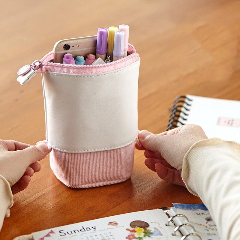 Pop-up Pencil Case Telescopic Holder Stationery Case PU Corduroy Stand-up Transformer Bag Large Capacity Gift for Kids Hot