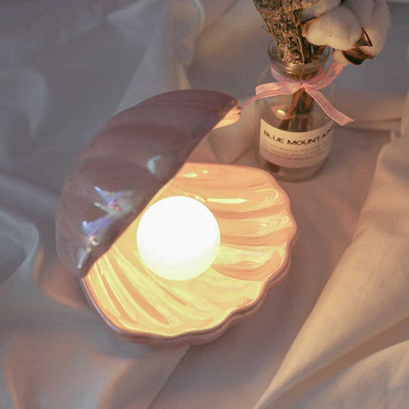 Ins Japanese Style Ceramic Shell Pearl Night Light Streamer Mermaid Fairy Shell Night Lamp For Bedside Home Decoration Xmas Gift